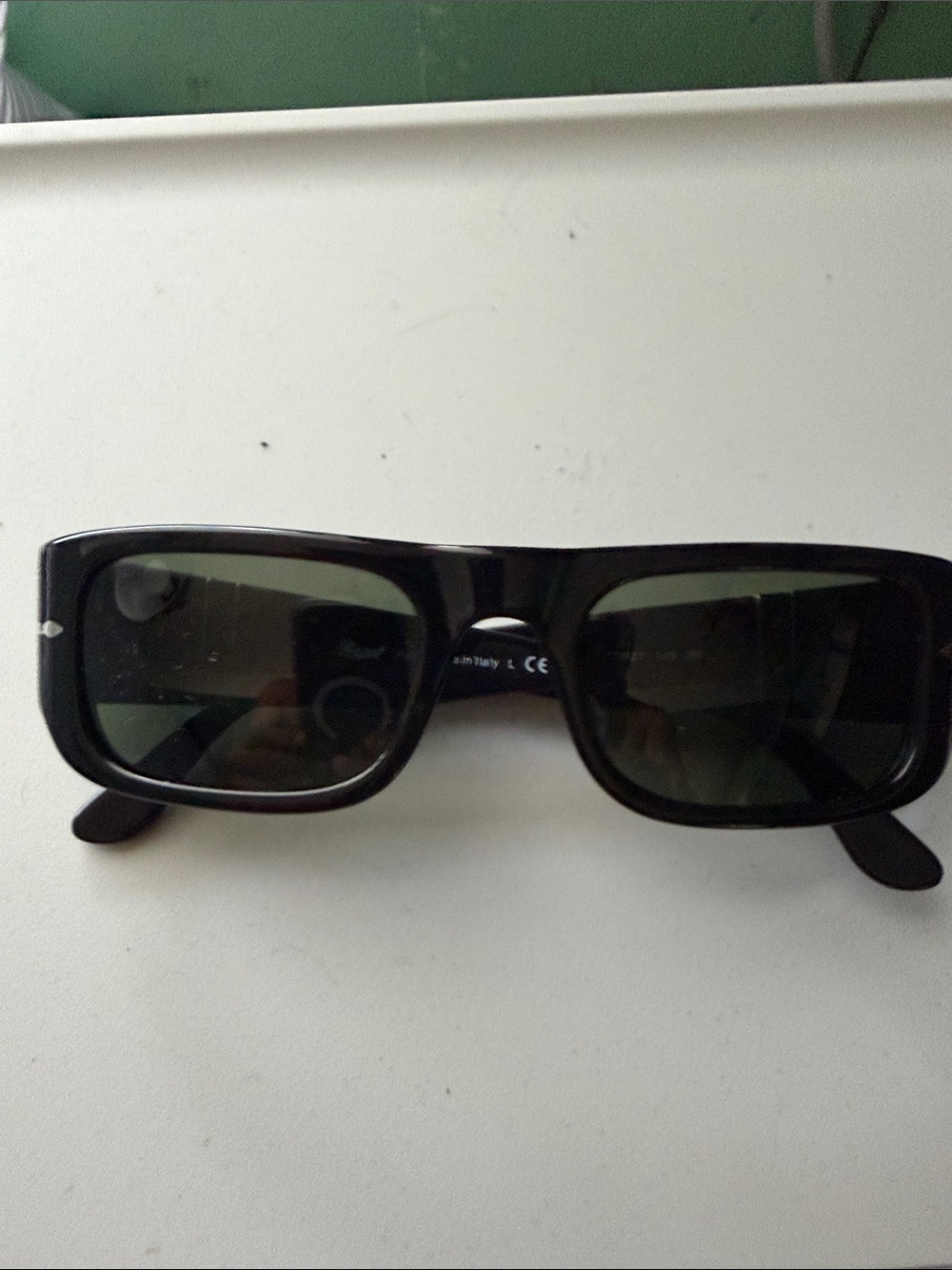Persol Black Rectangular Sunglasses with Dark Green Lenses